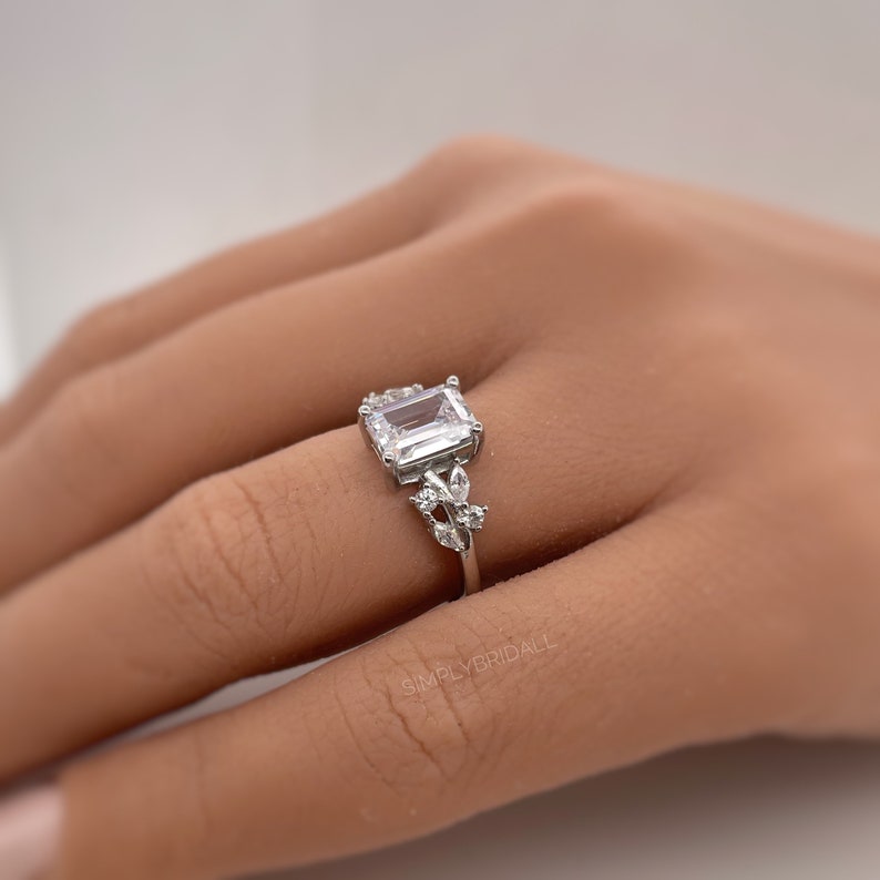 Emerald Cut Engagement Ring, Emerald Cut Art Deco Ring, Emerald Cut Leaf Band Bridal Ring, Sterling Silver, Simulate Diamonds, Proposal Ring