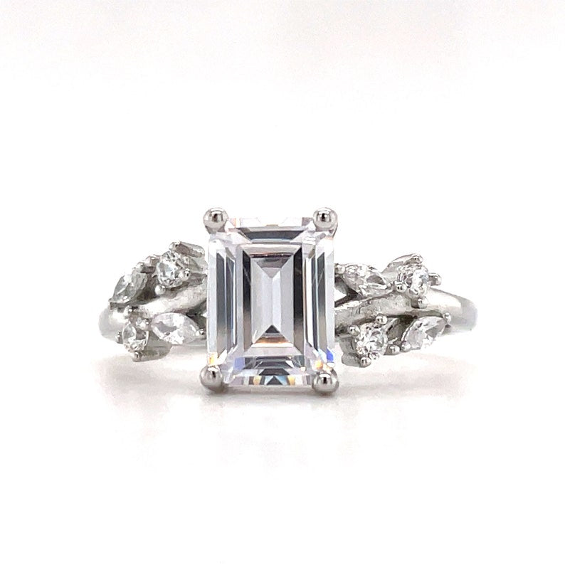 Emerald Cut Engagement Ring, Emerald Cut Art Deco Ring, Emerald Cut Leaf Band Bridal Ring, Sterling Silver, Simulate Diamonds, Proposal Ring