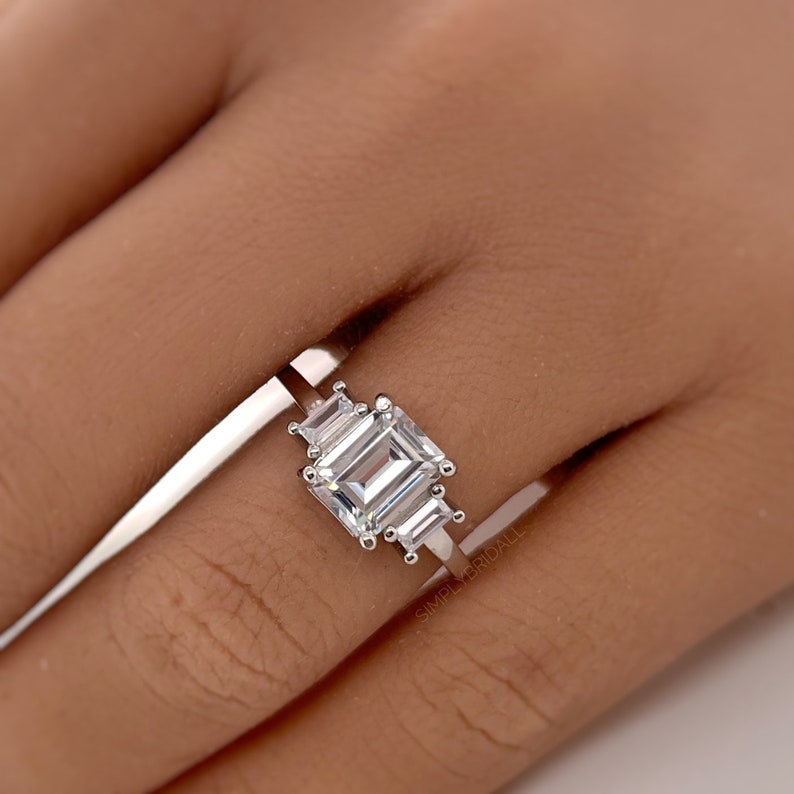 2.00ct Emerald Cut Engagement Ring, Emerald Cut Three Stone Wedding Ring, Simulated Diamonds, Sterling Silver with Vermeil, Bridal Ring