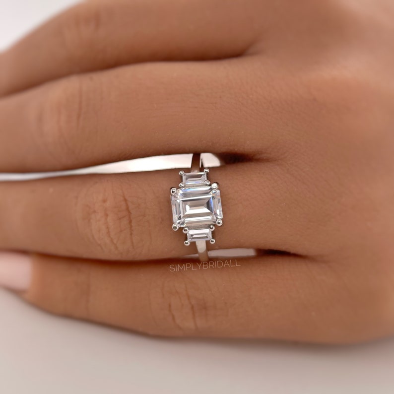 2.00ct Emerald Cut Engagement Ring, Emerald Cut Three Stone Wedding Ring, Simulated Diamonds, Sterling Silver with Vermeil, Bridal Ring
