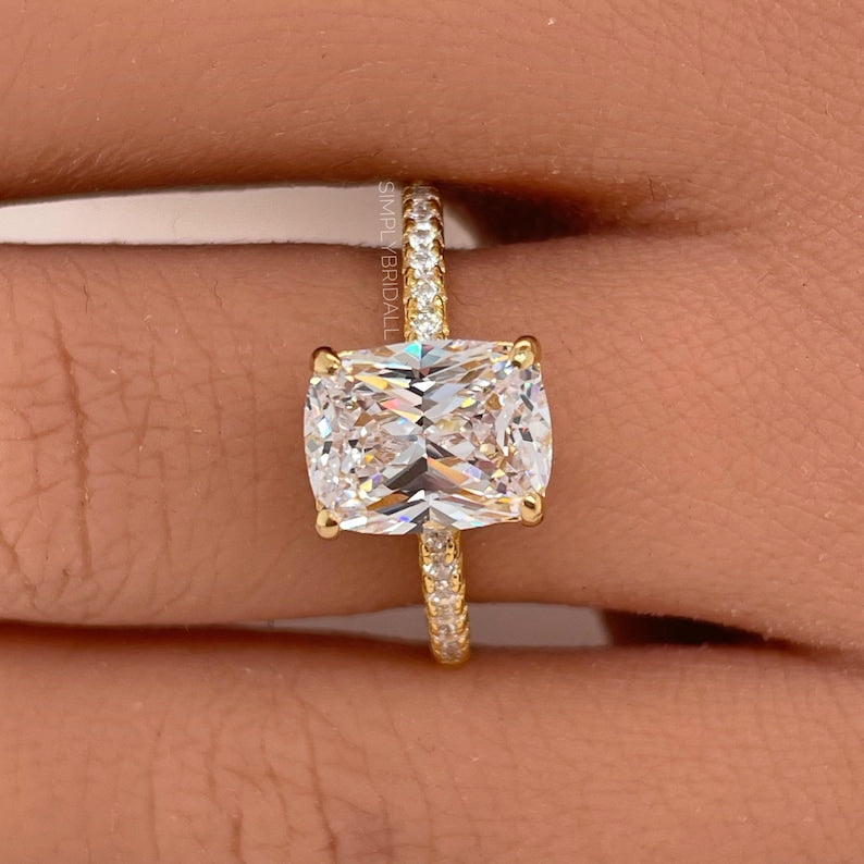 2.50 Elongated Cushion Cut Moissanite Engagement Ring, Solitaire Long Cushion Cut Moissanite Ring, Sterling Silver with Vermeil