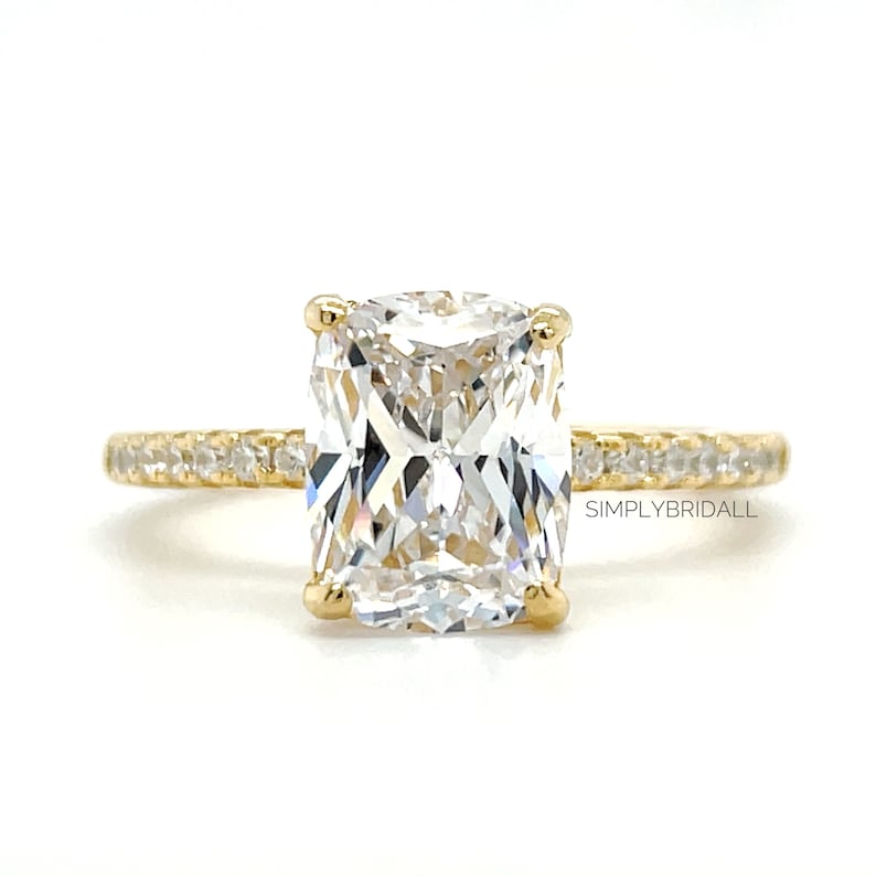 2.50 Elongated Cushion Cut Moissanite Engagement Ring, Solitaire Long Cushion Cut Moissanite Ring, Sterling Silver with Vermeil or 14k Gold
