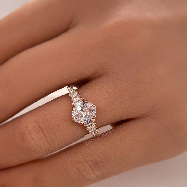 Oval Moissanite Art Deco Engagement Ring, Oval & Baguette Engagement Ring, Art Deco Ring, Sterling Silver, 14k, Moissanite, Bridal Ring