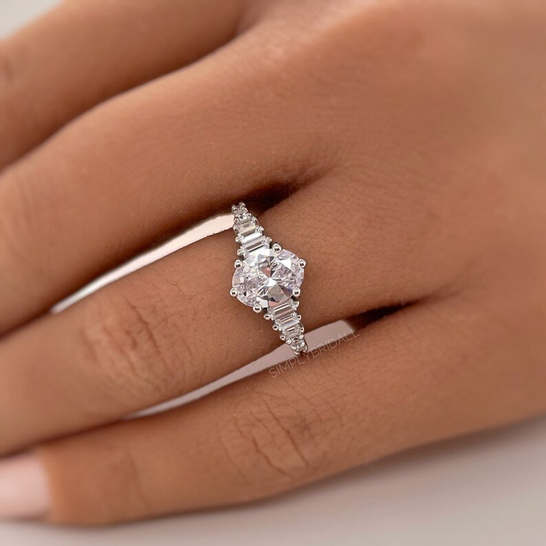 Oval Moissanite Art Deco Engagement Ring, Oval & Baguette Engagement Ring, Art Deco Ring, Sterling Silver, 14k, Moissanite, Bridal Ring