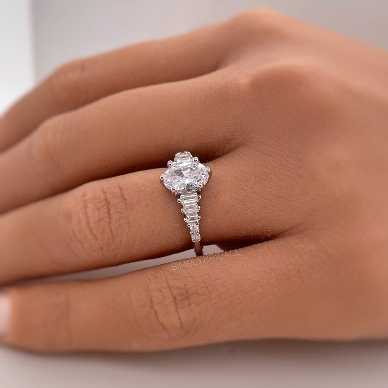 Oval Moissanite Art Deco Engagement Ring, Oval & Baguette Engagement Ring, Art Deco Ring, Sterling Silver, 14k, Moissanite, Bridal Ring