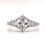Load image into Gallery viewer, Oval Moissanite Art Deco Engagement Ring, Oval &amp; Baguette Engagement Ring, Art Deco Ring, Sterling Silver, 14k, Moissanite, Bridal Ring