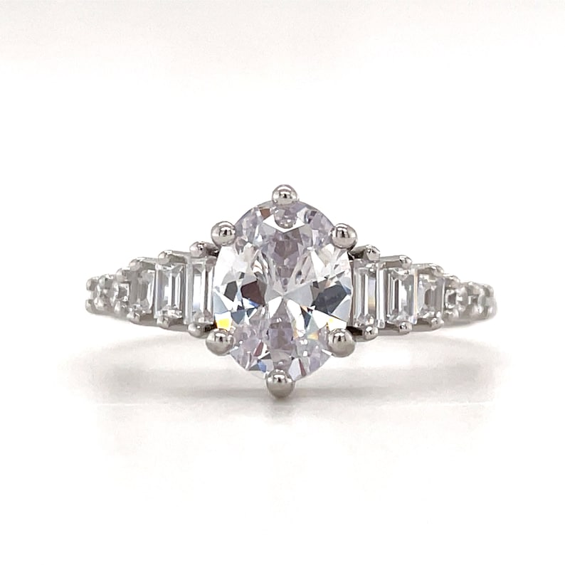 Oval Moissanite Art Deco Engagement Ring, Oval & Baguette Engagement Ring, Art Deco Ring, Sterling Silver, 14k, Moissanite, Bridal Ring