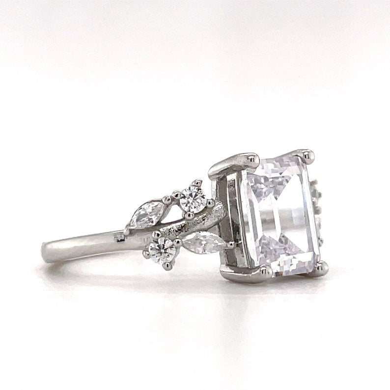 Emerald Cut Engagement Ring, Emerald Cut Art Deco Ring, Emerald Cut Leaf Band Bridal Ring, Sterling Silver, Simulate Diamonds, Proposal Ring