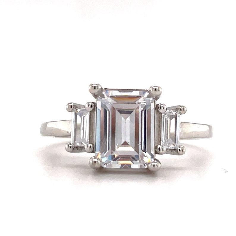 2.00ct Emerald Cut Engagement Ring, Emerald Cut Three Stone Wedding Ring, Simulated Diamonds, Sterling Silver with Vermeil, Bridal Ring