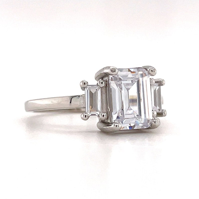 2.00ct Emerald Cut Engagement Ring, Emerald Cut Three Stone Wedding Ring, Simulated Diamonds, Sterling Silver with Vermeil, Bridal Ring