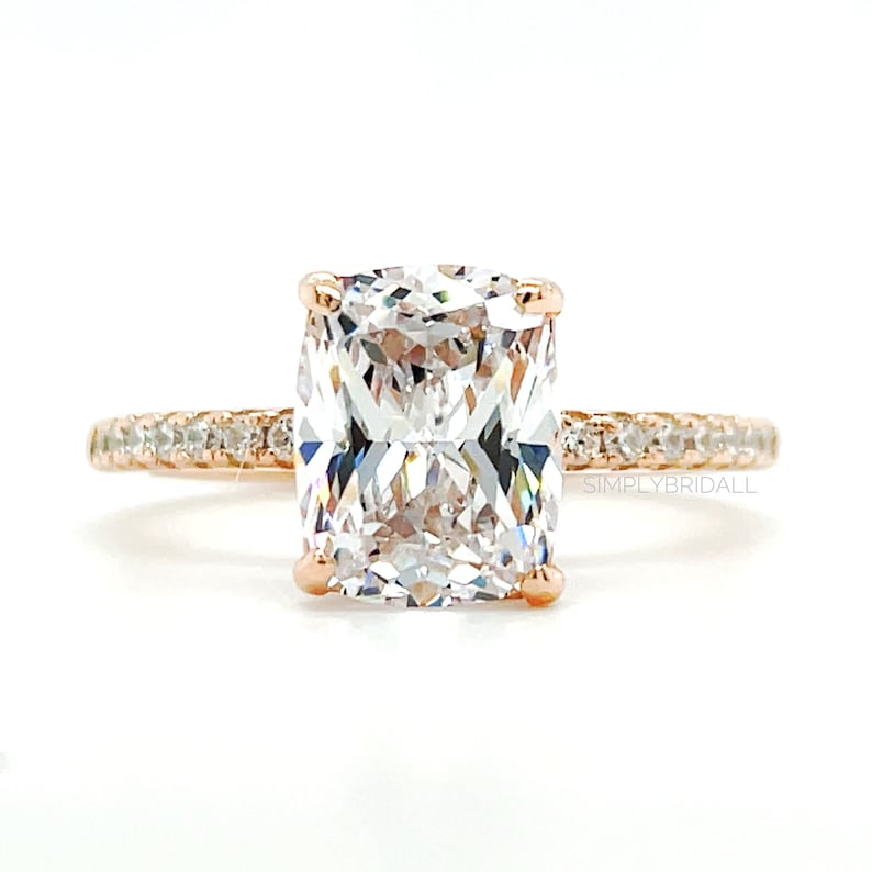 2.50 Elongated Cushion Cut Moissanite Engagement Ring, Solitaire Long Cushion Cut Moissanite Ring, Sterling Silver with Vermeil