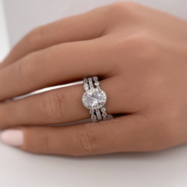 1.00ct Oval Halo Ring Set, 3 Ring Set, Art Deco Ring Set, Sterling Silver with Vermeil, Minimalist Set, Bridal Set, Engagement Ring Set
