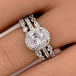 Load image into Gallery viewer, 1.00ct Oval Halo Ring Set, 3 Ring Set, Art Deco Ring Set, Sterling Silver with Vermeil, Minimalist Set, Bridal Set, Engagement Ring Set