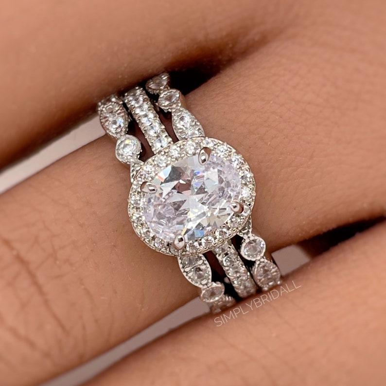 1.00ct Oval Halo Ring Set, 3 Ring Set, Art Deco Ring Set, Sterling Silver with Vermeil, Minimalist Set, Bridal Set, Engagement Ring Set