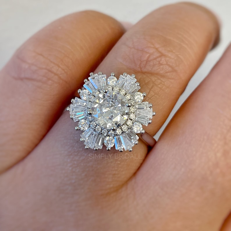 Art Deco Engagement Ring, Snowflake Cluster Engagement Ring, Wedding Ring Simulated Diamond Flower engagement Ring, Snowflake Ring
