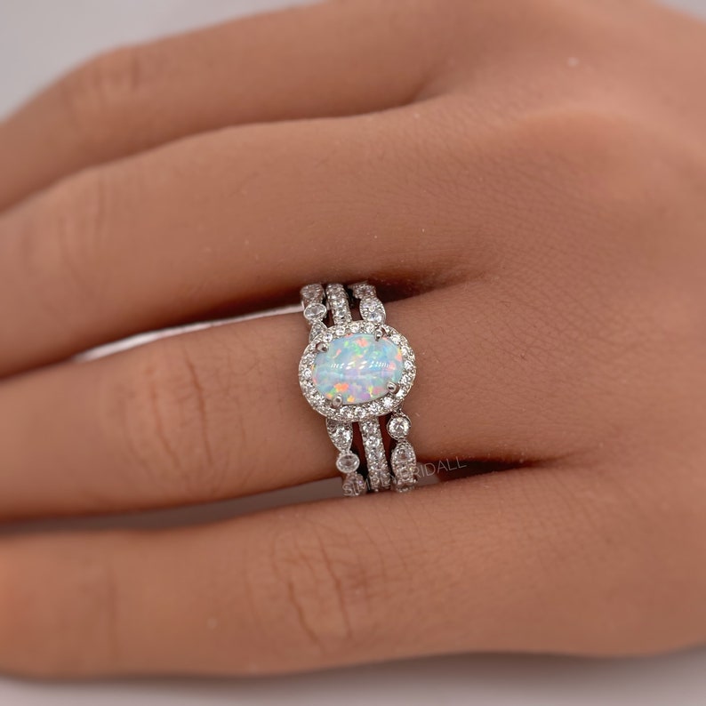Opal Engagement Ring Set, 3 Ring Set Art Deco Fitted Opal Ring Set, Opal Bridal Set, Wedding Ring Opal Band, Bridal Set