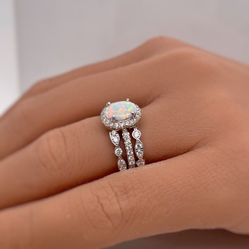 Opal Engagement Ring Set, 3 Ring Set Art Deco Fitted Opal Ring Set, Opal Bridal Set, Wedding Ring Opal Band, Bridal Set