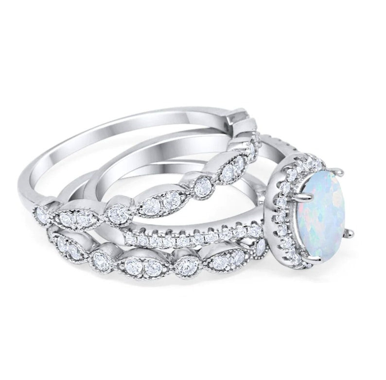 Opal Engagement Ring Set, 3 Ring Set Art Deco Fitted Opal Ring Set, Opal Bridal Set, Wedding Ring Opal Band, Bridal Set