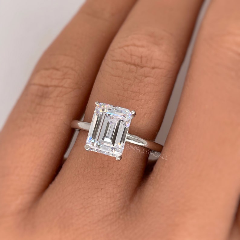2.50ct Emerald Cut Moissanite Engagement Ring, Emerald Cut Solitaire Ring, Moissanite, Sterling Silver, Gold, Rose Gold Vermeil