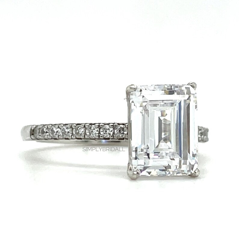 2.50ct Emerald Cut Moissanite Engagement Ring, Emerald Cut Solitaire Ring, Moissanite, Sterling Silver, Gold, Rose Gold Vermeil