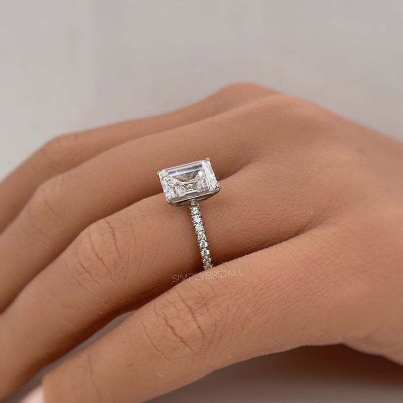 2.50ct Emerald Cut Moissanite Engagement Ring, Emerald Cut Solitaire Ring, Moissanite, Sterling Silver, Gold, Rose Gold Vermeil