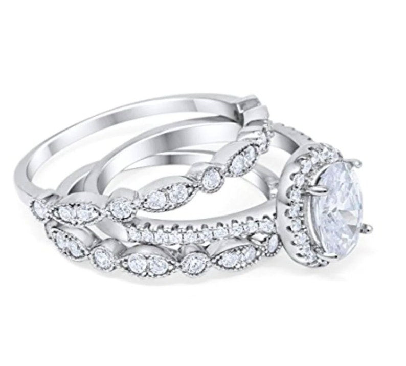 1.00ct Oval Halo Ring Set, 3 Ring Set, Art Deco Ring Set, Sterling Silver with Vermeil, Minimalist Set, Bridal Set, Engagement Ring Set