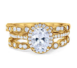 Load image into Gallery viewer, 1.00ct Oval Halo Ring Set, 3 Ring Set, Art Deco Ring Set, Sterling Silver with Vermeil, Minimalist Set, Bridal Set, Engagement Ring Set
