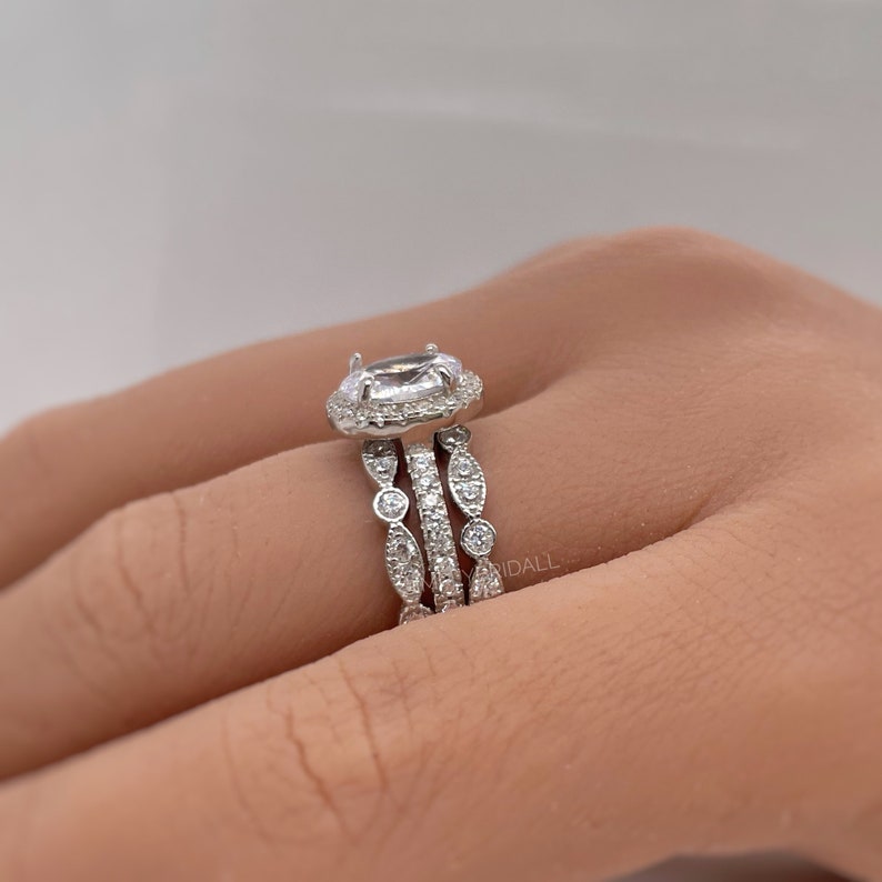 1.00ct Oval Halo Ring Set, 3 Ring Set, Art Deco Ring Set, Sterling Silver with Vermeil, Minimalist Set, Bridal Set, Engagement Ring Set