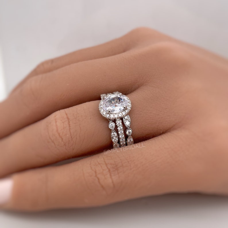 1.00ct Oval Halo Ring Set, 3 Ring Set, Art Deco Ring Set, Sterling Silver with Vermeil, Minimalist Set, Bridal Set, Engagement Ring Set