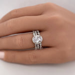 Load image into Gallery viewer, 1.00ct Oval Halo Ring Set, 3 Ring Set, Art Deco Ring Set, Sterling Silver with Vermeil, Minimalist Set, Bridal Set, Engagement Ring Set