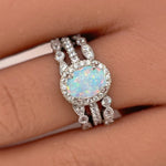 Load image into Gallery viewer, Opal Engagement Ring Set, 3 Ring Set Art Deco Fitted Opal Ring Set, Opal Bridal Set, Wedding Ring Opal Band, Bridal Set