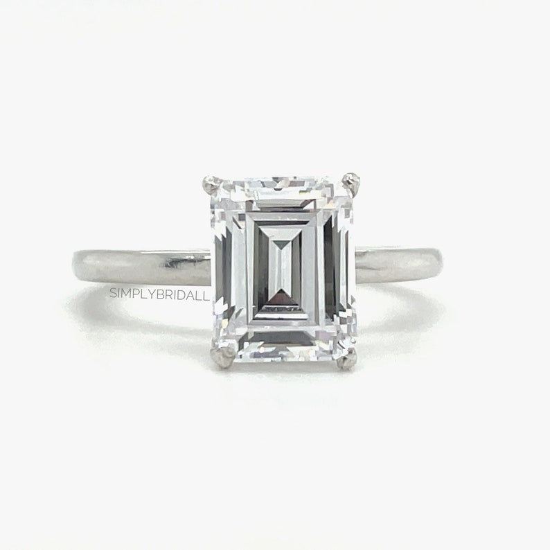2.50ct Emerald Cut Simulated Diamond Engagement Ring, Emerald Cut Solitaire Ring, Emerald Cut, Sterling Silver, Gold, Rose Gold Vermeil