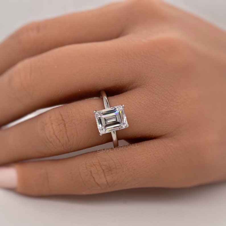 2.50ct Emerald Cut Simulated Diamond Engagement Ring, Emerald Cut Solitaire Ring, Emerald Cut, Sterling Silver, Gold, Rose Gold Vermeil
