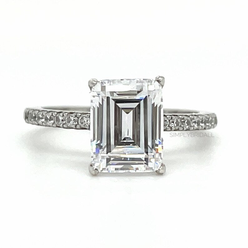2.50ct Emerald Cut Moissanite Engagement Ring, Emerald Cut Solitaire Ring, Moissanite, Sterling Silver, Gold, Rose Gold Vermeil