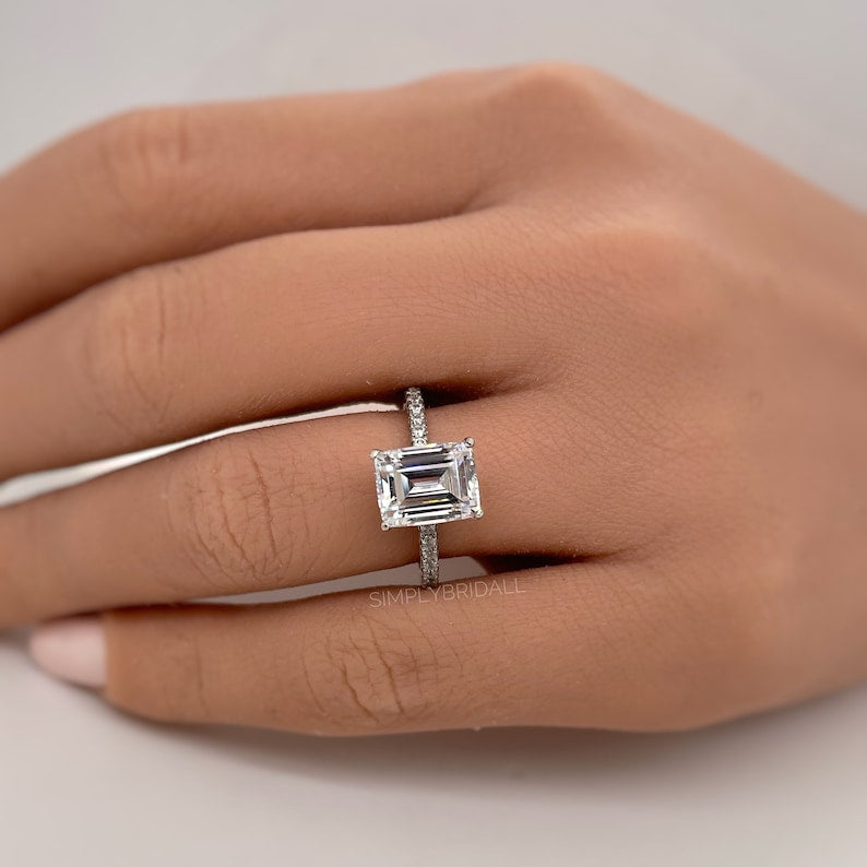 2.50ct Emerald Cut Moissanite Engagement Ring, Emerald Cut Solitaire Ring, Moissanite, Sterling Silver, Gold, Rose Gold Vermeil