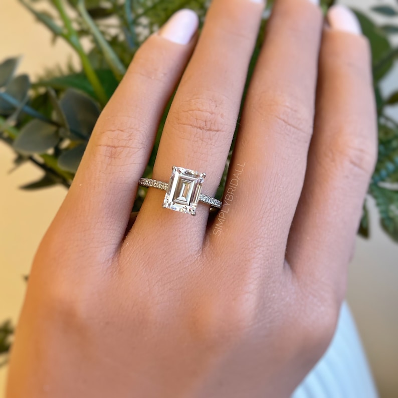 2.50ct Emerald Cut Moissanite Engagement Ring, Emerald Cut Solitaire Ring, Moissanite, Sterling Silver, Gold, Rose Gold Vermeil