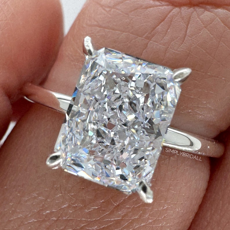 3.00ct Crushed Ice Moissanite Engagement Ring, Radiant Cut Crushed Ice Solitaire Ring, Hidden Halo, Sterling Silver with Vermeil, Moissanite