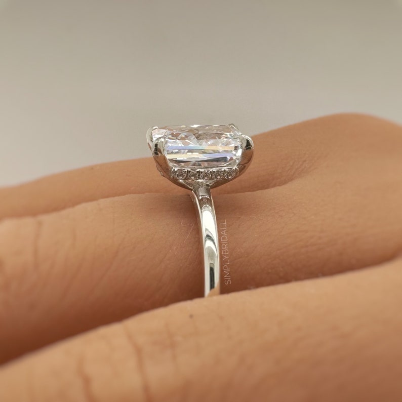 3.00ct Crushed Ice Moissanite Engagement Ring, Radiant Cut Crushed Ice Solitaire Ring, Hidden Halo, Sterling Silver with Vermeil, Moissanite