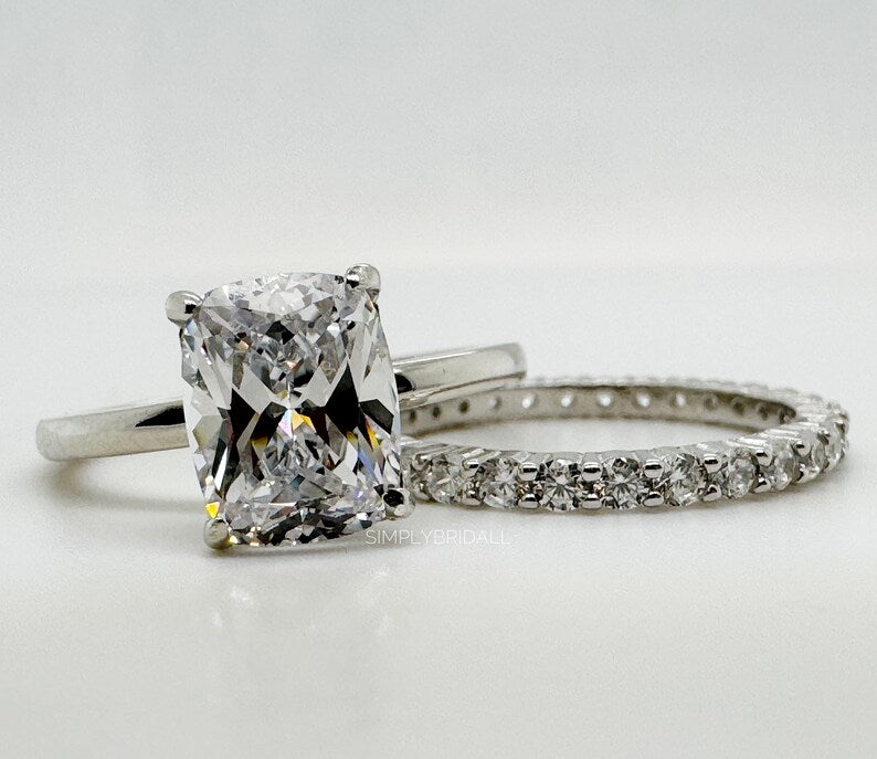 2.50 Elongated Cushion Cut Moissanite Engagement Ring Set, Solitaire Long Cushion Cut Moissanite Ring Set, Sterling Silver with Vermeil