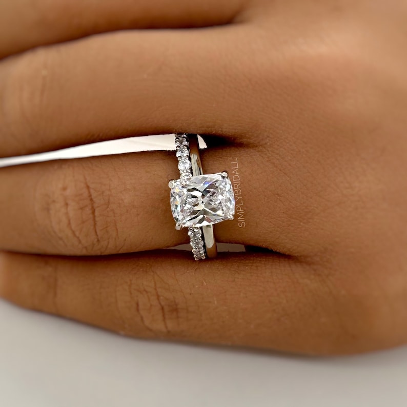 2.50 Elongated Cushion Cut Moissanite Engagement Ring Set, Solitaire Long Cushion Cut Moissanite Ring Set, Sterling Silver with Vermeil