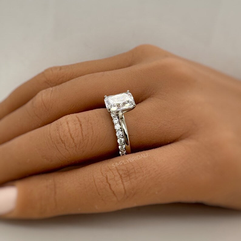 2.50ct Radiant Cut Moissanite Engagement Ring Set, Radiant Solitaire Ring Set, Moissanite, Wedding Set, Sterling Silver with Vermeil