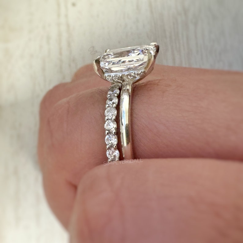 3.00ct Crushed Ice Engagement Ring Set, Radiant Crushed Ice Solitaire Ring Set, Hidden Halo, Sterling Silver with Vermeil, Minimalist