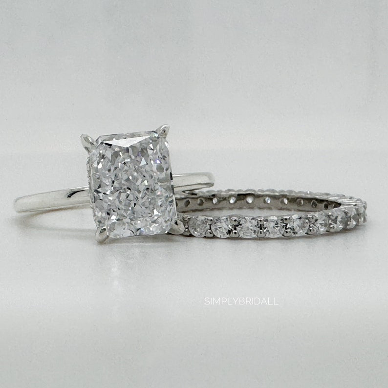 3.00ct Crushed Ice Engagement Ring Set, Radiant Crushed Ice Solitaire Ring Set, Hidden Halo, Sterling Silver with Vermeil, Minimalist