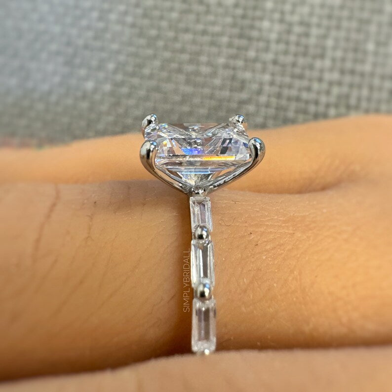 1.75ct Emerald Cut Engagement Ring, Emerald Cut Baguette Band Ring, Emerald Cut CZ Baguette Ring Sterling Silver with Vermeil