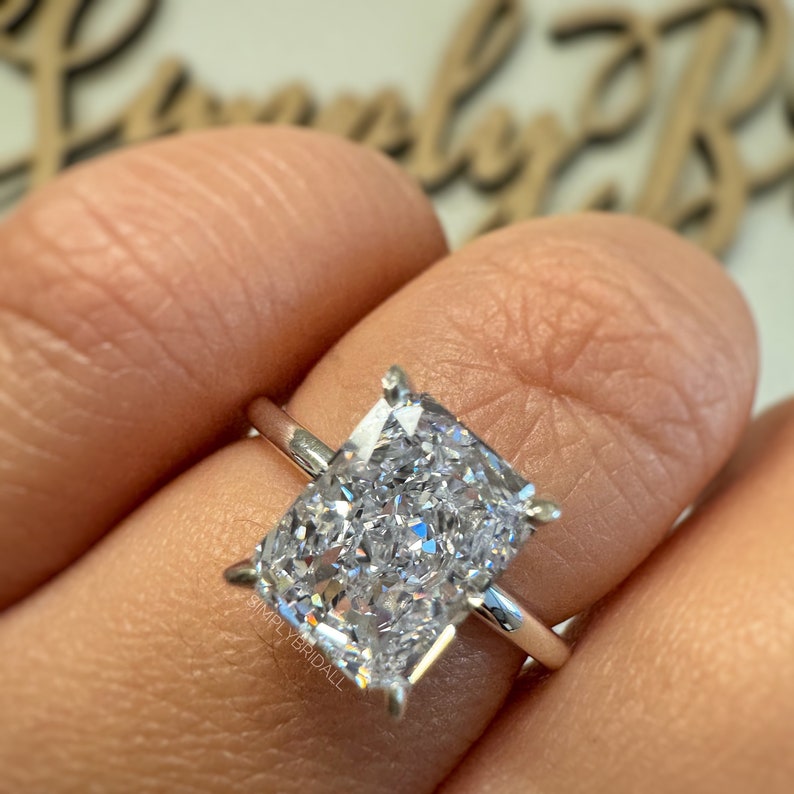 3.00ct Crushed Ice Moissanite Engagement Ring, Radiant Cut Crushed Ice Solitaire Ring, Hidden Halo, Sterling Silver with Vermeil, Moissanite