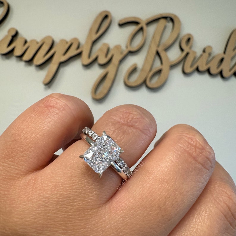 3.00ct Crushed Ice Moissanite Engagement Ring, Radiant Cut Crushed Ice Solitaire Ring, Hidden Halo, Sterling Silver with Vermeil, Moissanite