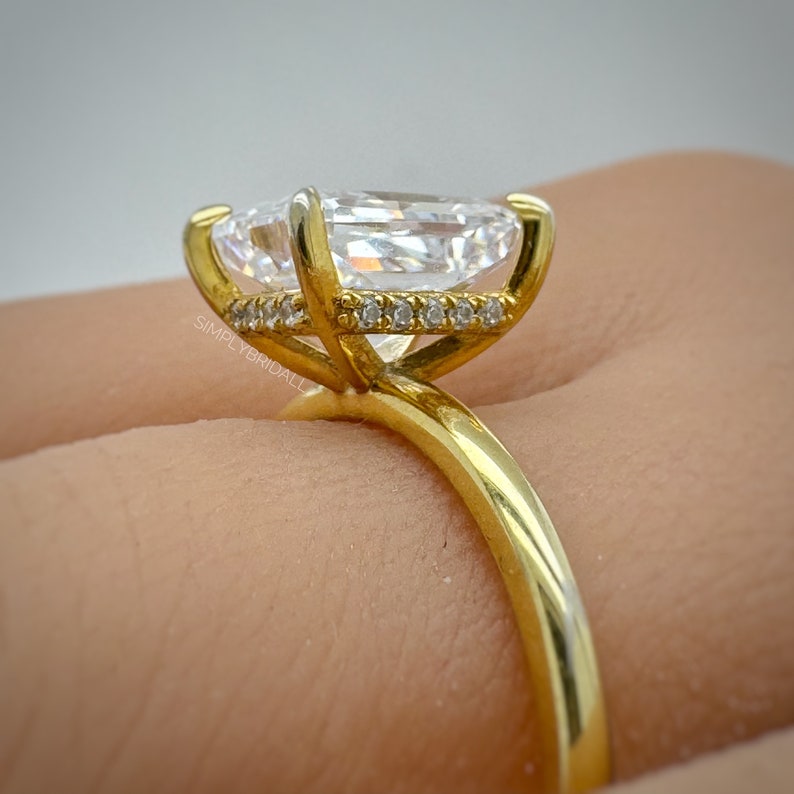 3.00ct Crushed Ice Engagement Ring Set, Radiant Crushed Ice Solitaire Ring Set, Hidden Halo, Sterling Silver with Vermeil, Minimalist
