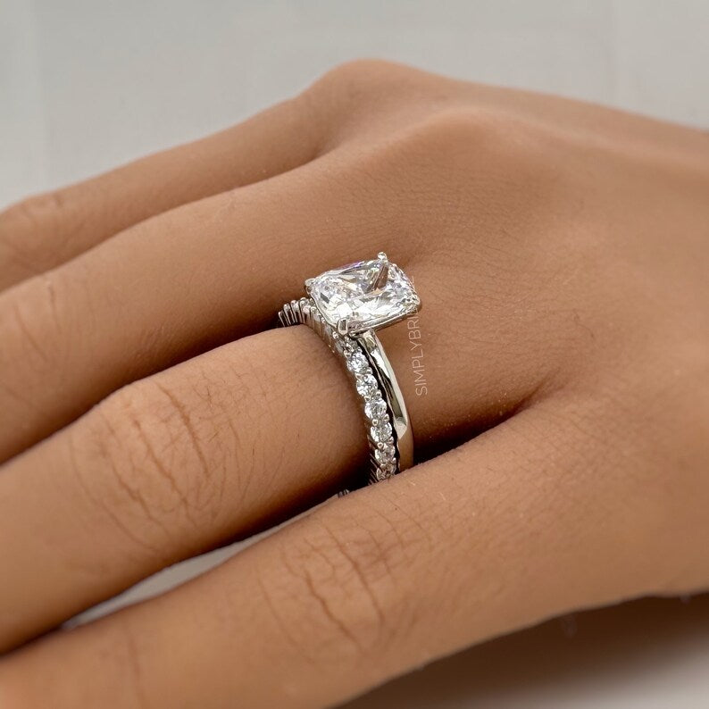 2.50 Elongated Cushion Cut Moissanite Engagement Ring Set, Solitaire Long Cushion Cut Moissanite Ring Set, Sterling Silver with Vermeil