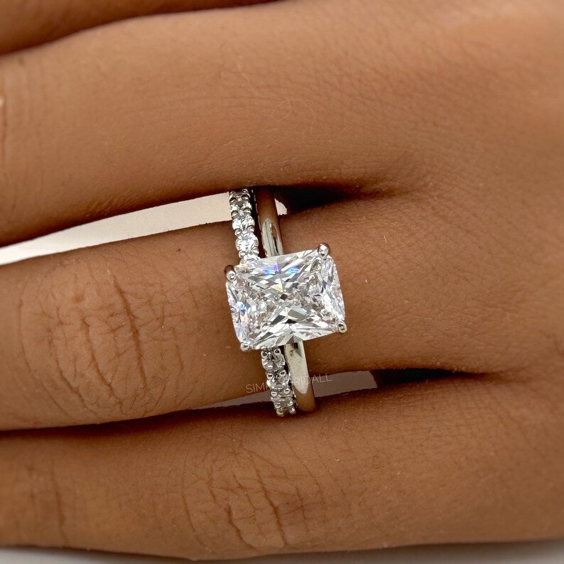 2.50ct Radiant Cut Moissanite Engagement Ring Set, Radiant Solitaire Ring Set, Moissanite, Wedding Set, Sterling Silver with Vermeil