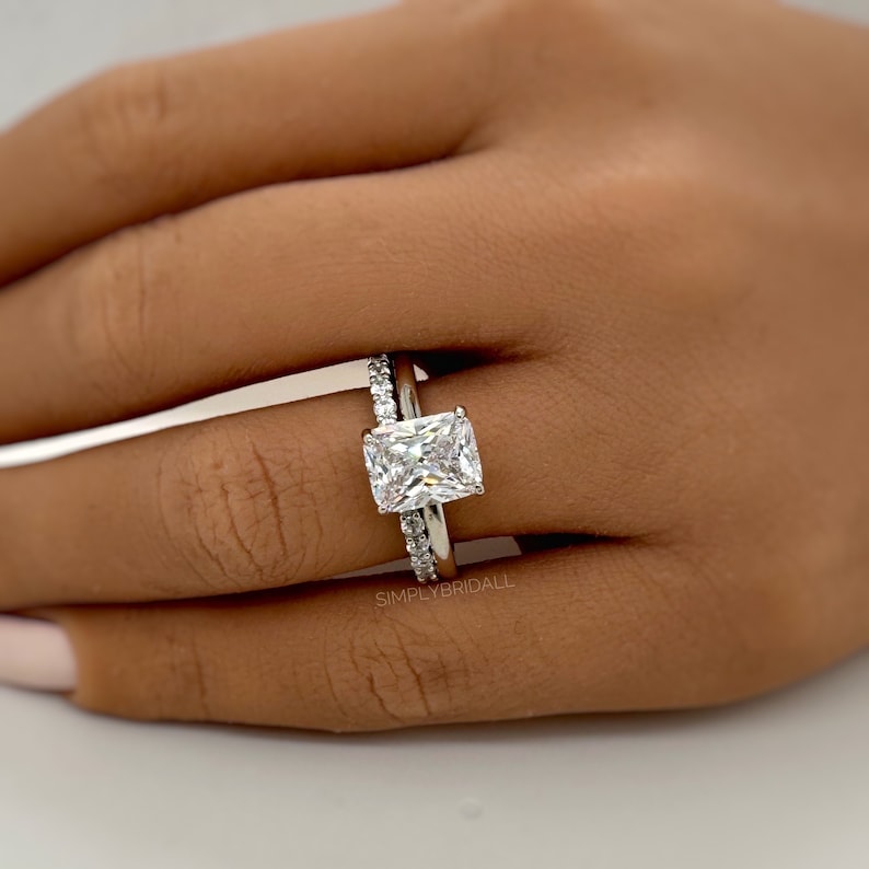 2.50ct Radiant Cut Moissanite Engagement Ring Set, Radiant Solitaire Ring Set, Moissanite, Wedding Set, Sterling Silver with Vermeil